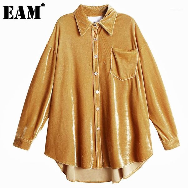 

eam] women yellow brief vintage velvet blouse new lapel long sleeve loose fit shirt fashion tide spring autumn 2020 1dd64931, White