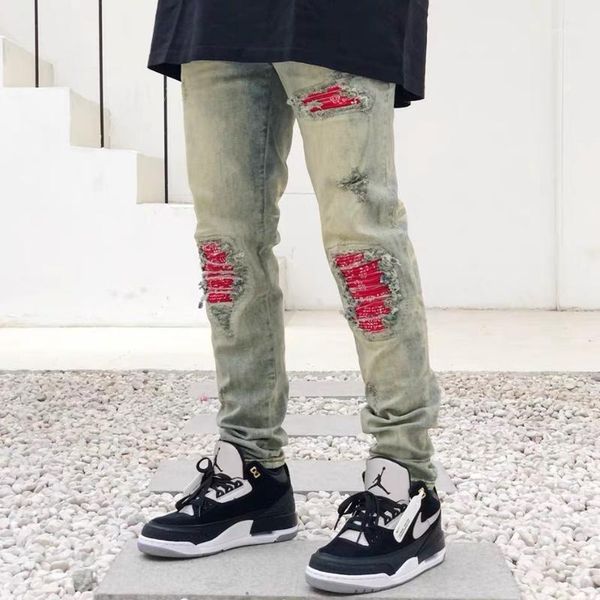 

men's jeans red printed patch biker for moto skinny patchwork holes ripped stretch denim pants1, Blue