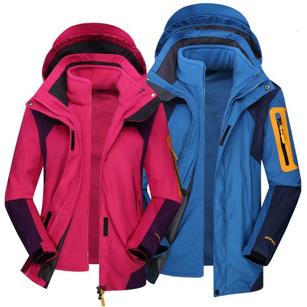

winter outdoor waterproof windbreaker women's three in one detachable fleece liner ski men's jacket, Black;brown