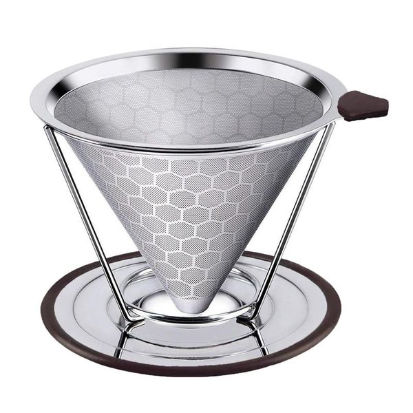 

premium stainless steel coffee filter, reusable pour over coffee dripper cone with non-slip cup stand , paperless. honeycomb des