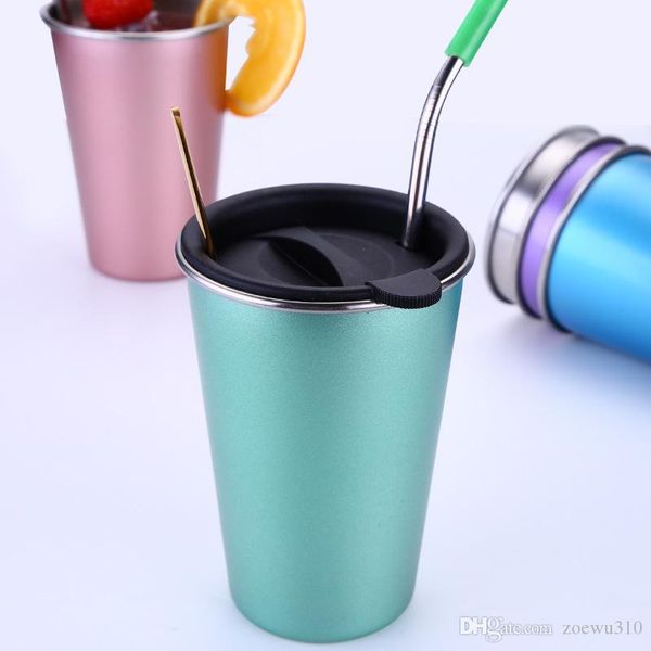 Edelstahl 500 ml Stroh Große Becher Tasse Mit Deckel Kaffeetasse 5 Farben Bier Tee Saft Milch Getränk Tumbler Outdoor Camping Reise WDH1261-1 T03