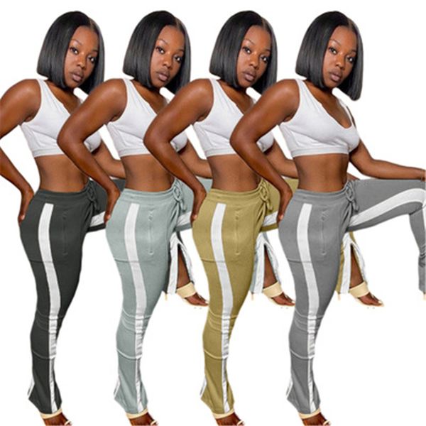 

ladies splicing split pants fashion trend middle waist pocket with zipper trousers designer female autumn thicken loose casual sports pants, Black;white