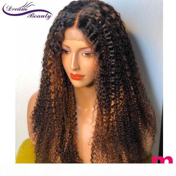 

blonde highlight wig 4x4 closurewig curly 180% ombre colored lace closure human hair wigs brazilian remy preplucked dream beauty, Black;brown