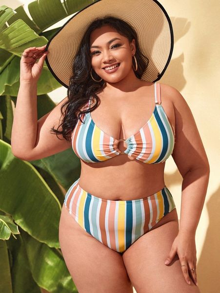

plus striped ring linked high waisted bikini swimsuit g2cm#, Black