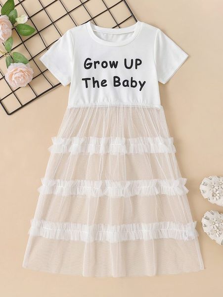 

toddler girls letter graphic frill trim mesh hem dress she, Red;yellow