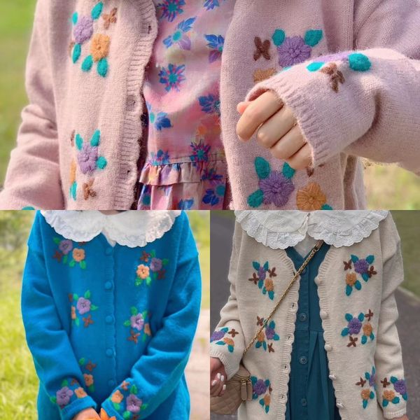 

2020 bear girl self made new autumn heavy industry coat coatembroidery flower loose and versatile cardigan sweater overcoat mori women, White;black