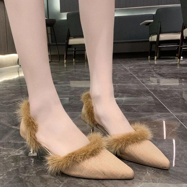 

lucyever faux fur pointed toe pumps women shoes fashion metal stiletto heels spring shoes woman shallow single ladies #d18v, Black