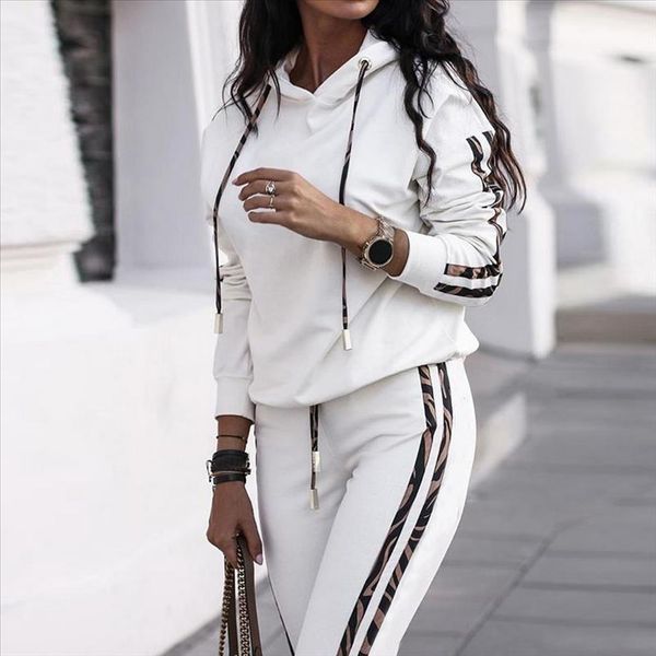 

2021 осень теплые женщины мода 2 шт. набор трексуита с длинным рукавом лоскутное пятно топ брюки безвозмездная спортивная одежда спорт, Gray