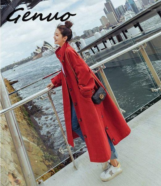 

genuo women 2020 new fashion stand collar side botton vent loose large size overcoat female's full sleeve long jacket vestido1, Tan;black