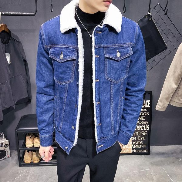 

men's down & parkas men denim jacket trendy winter warm fleece coats mens thicker outwear fashion jean jackets cowboy casual clothes pl, Black