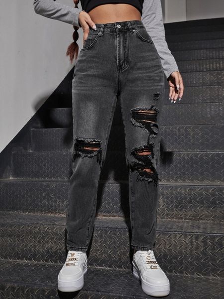 

high waist destroyed mom jeans a6cd#, Blue