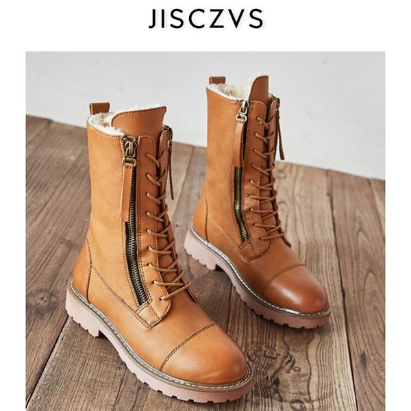 

boots women shoes zippers plush winter warm lace up ankle brown vintage snow, Black