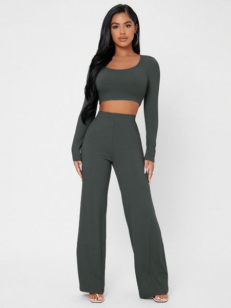 

petite scoop neck rib-knit crop tee & wide leg pants set u2gv#, White
