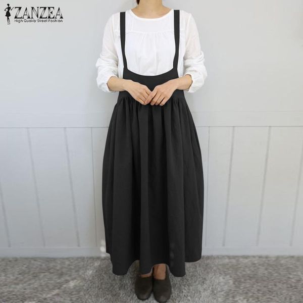 

casual dresses 2021 zanzea summer women strappy solid long suspenders dress cotton linen overalls robe pleated sarafans vestido, Black;gray