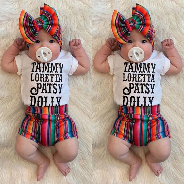 

2020 new newborn baby boys girls clothes set letter t-shirt rainbow stripe shorts headband 3pcs outfit infant girls clothing set1, White
