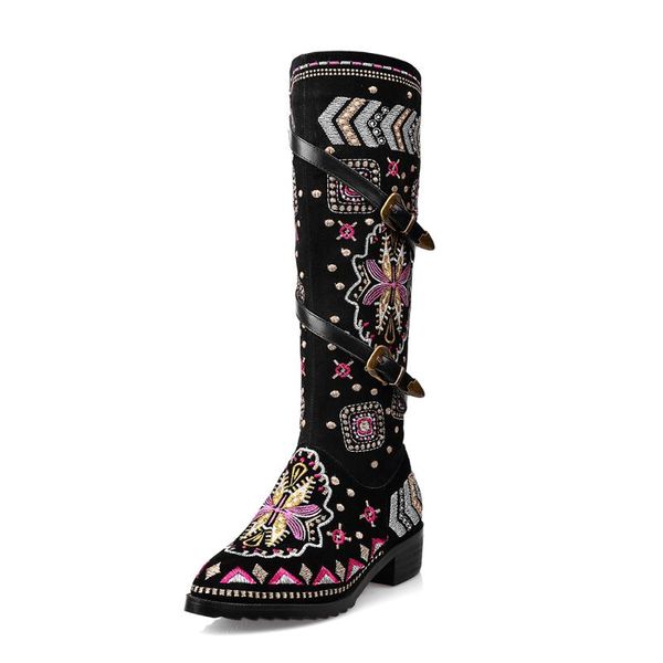 

boots dilalula size 34 46 brand ethnic mid-calf riding women embroider genuine suede leather med heels 2021 shoes woman, Black