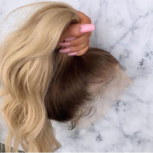 

lace wigs transparent ombre blonde wavy brazilian human hair silk base 180density front for women, Black;brown