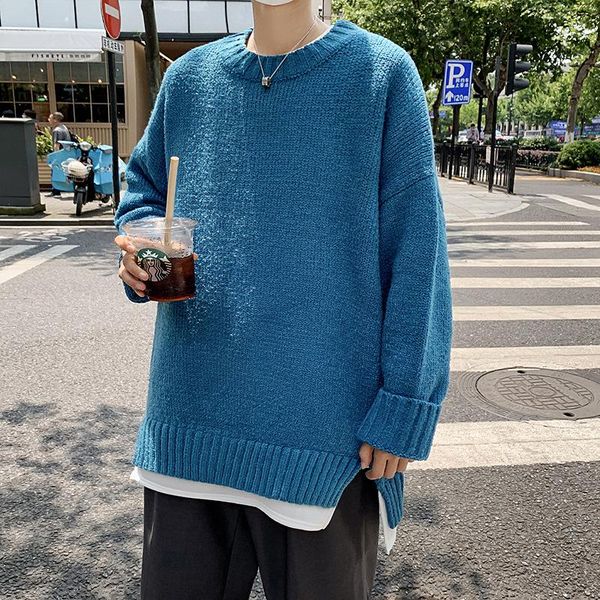 

men's sweaters autumn and winter trend ins hong kong style fake two-piece sweater male korean student loose handsome bf, White;black