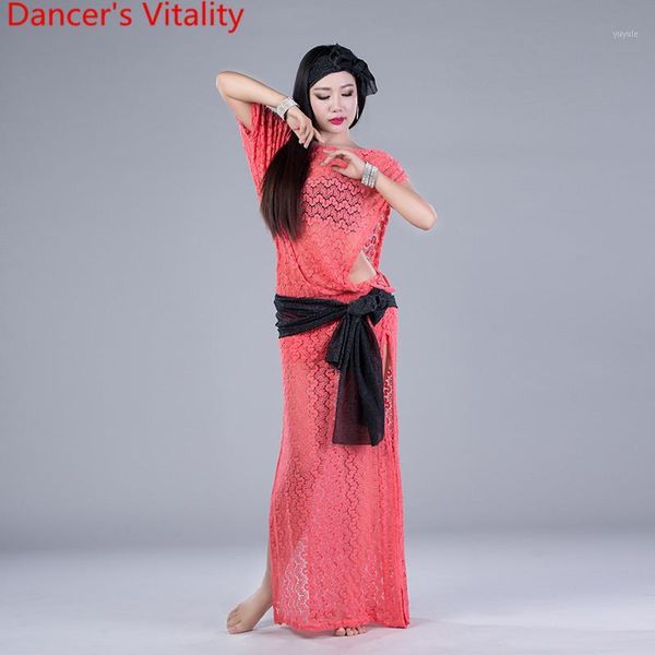 

professional belly dance costumes lace belly dance set 3pcs hearddress+dress+scarf for women ballroom suit for girls1, Black;red