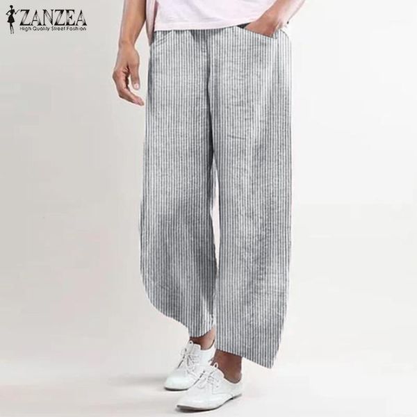 

2020 zanzea women's wide leg trousers casual vintage striped pants cotton elastic waist turnip female pantalon palazzo plus size1, Black;white