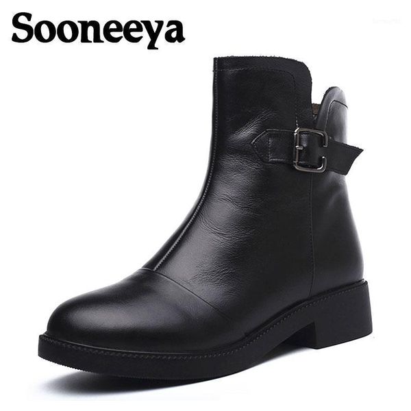 

boots sooneeya buckle ankle boot soft leather women zipper short plush spring shoes female flat heel booties1, Black