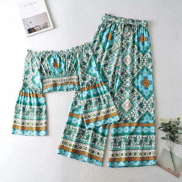 

bohemian wide leg pants holiday printed suit women's fall 2020 new one line collar + wide leg pants ijin6, Gray