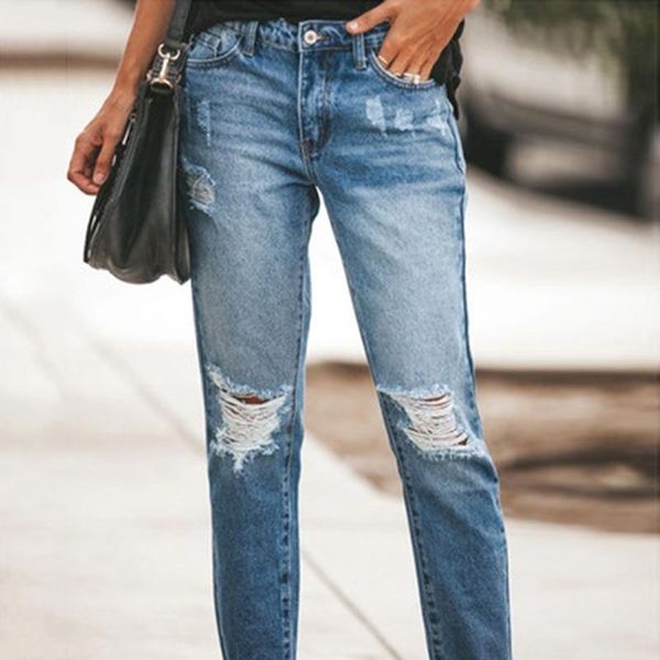 

2021 women stretch ripped distressed skinny high waist denim pants shredded jeans trousers slim jeggings denim jeans, Blue