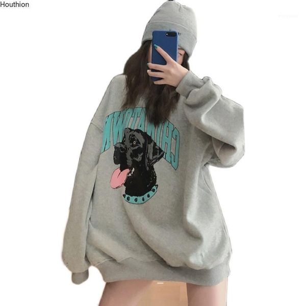 

houthion women sweater new fashion casual temperament autumn slim plus velvet cartoon dog print round neck long sleeve pullovers1, White;black