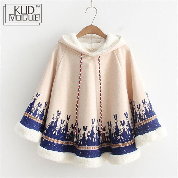 

autumn thicken women cloak lovely overcoat cotton fleece cape japanese style mori girl winter coat ear hoodie outerwear1, Black