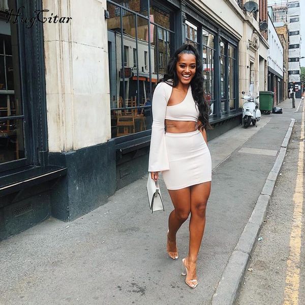

hugcitar one-shoulder long flare sleeve crop skirts 2 pieces set 2018 autumn winter women fashion solid casual sets1, White