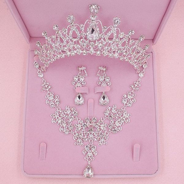 

new bridal crown hair ornament three piece headdress korean wedding dress accessories necklace earring set, Silver