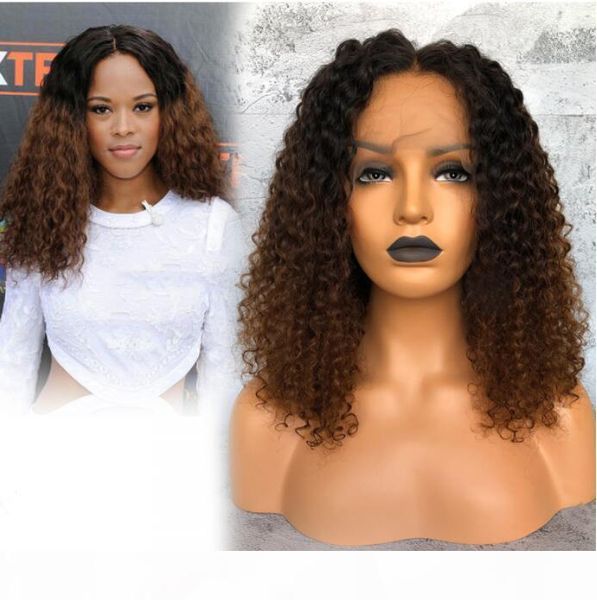 

premier 8a ombre color glueless lace front wigs brazilian virgin hair wigs 180% density loose curly pre-plucked human lace wigs, Black;brown