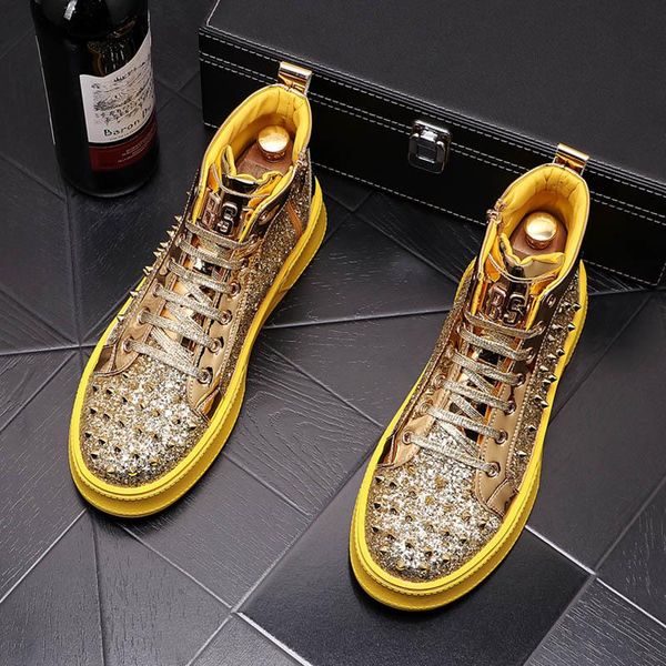 

new arrival men's studded rivet spike sequins flat shoes luxury designer hip-hop loafers high walk sneakers zapatos hombre, Black