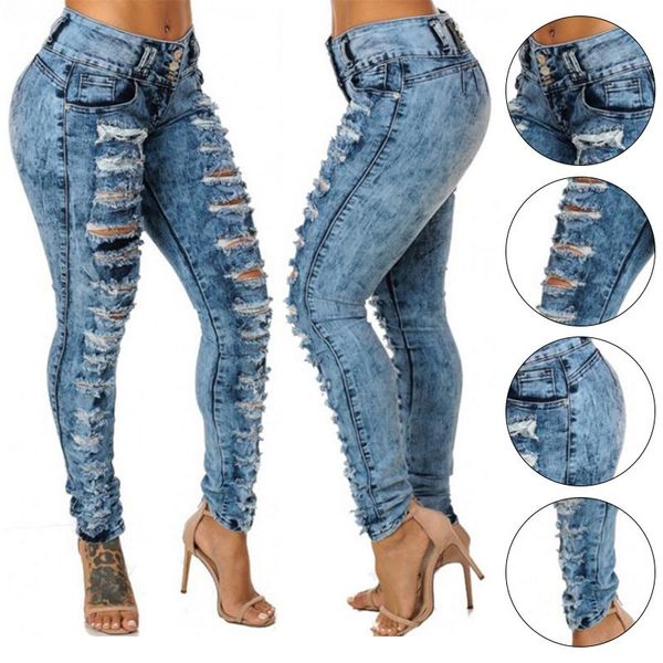 

women's jeans womens high waist pencil casual blue ripped denim pants lady long skinny slim