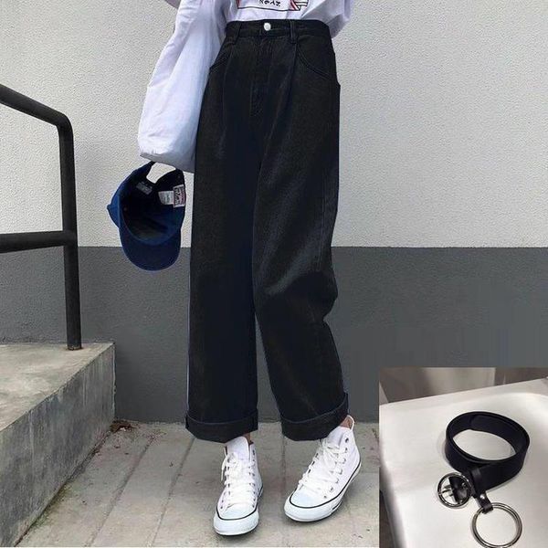 

jeans women solid vintage high waist wide leg denim trousers simple students all-match loose fashion harajuku womens chic casual, Blue