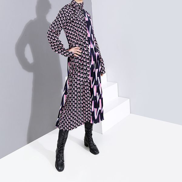 

[eam] women pattern print split temperament dress new bow collar long sleeve loose fit fashion tide spring autumn 2020 19a-a872 lj201202, Black;gray