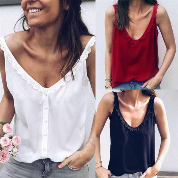 

new 2021 summer women deep v lace vest casual sleeveless tank summer sling femela black white red colete feminino