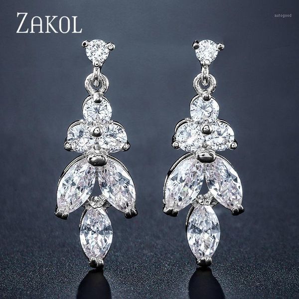 

dangle & chandelier zakol elegant bridal jewelry cubic zirconia leaf earrings for women party dinner birthday wedding accessories fsep40481, Silver