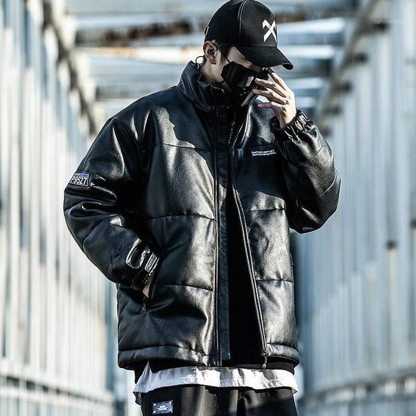 

men's down & parkas men's clothes winter thickening pu cotton coat collar male padded jacket harajuku loose comfortable 1, Black