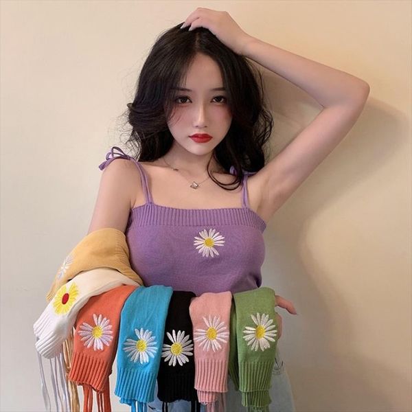 

летние обрезанные сексуальные harajuku старинные милые ромашки танк топ апельсин белый черный розовый желтый синий цветочный урожай вершины, White