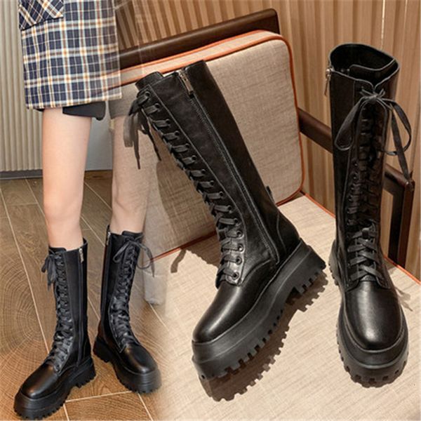 

new women 2021 at knee-high fashion boots side zip women's lace up ladies thick female punk heels black shoes gqh3