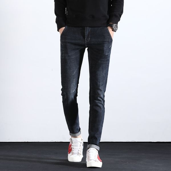 

in spring and summer new cotton stretch trend slim jeans men's growth pants, Blue