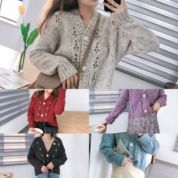 

knitted jacket spring and autumn women's korean version of gentle style with sweater sweater cardigan short v-neck embroidered women&#0, White;black