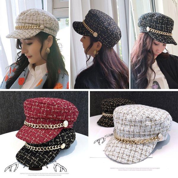 

berets women vintage metal chain tweed hat winter retro flat warm hats female plaid youth cap, Blue;gray