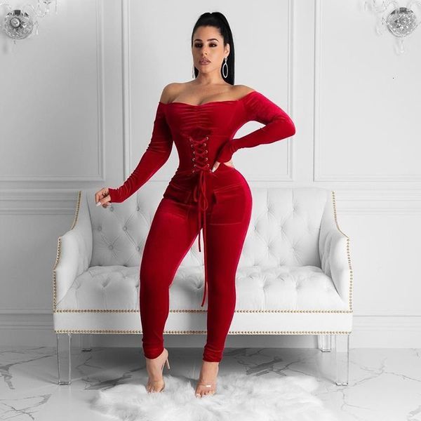 

off плеча velvet комбинезон женщин с длинным рукавом romper bodycon узелок sexy skinnyjumpsuit night club party комбинезон комбинезон, Black;white