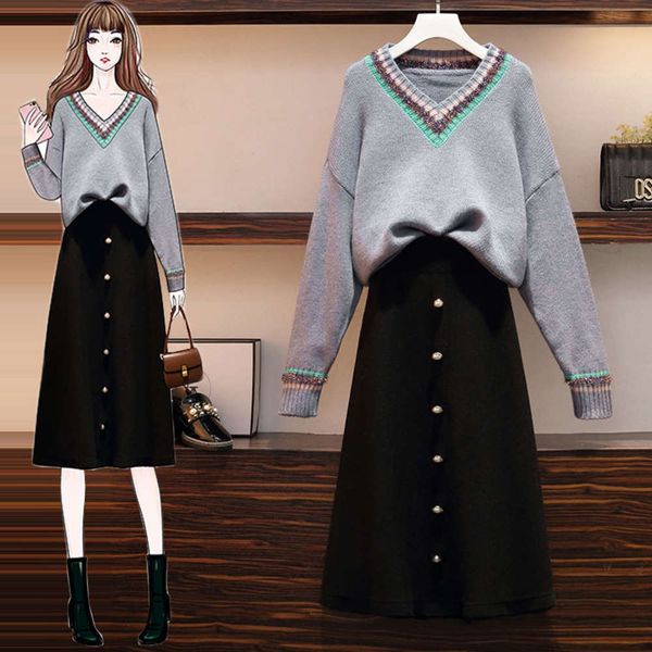 

large women's clothing autumn winter 2020 new foreign style v-neck knitted sweater skirt age reducing and slim suit, Black;gray
