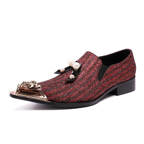 

italian luxury genuine leather shoes men metal pointed toe striped dress shoes male formal business pearl wedding party zapatos, Black