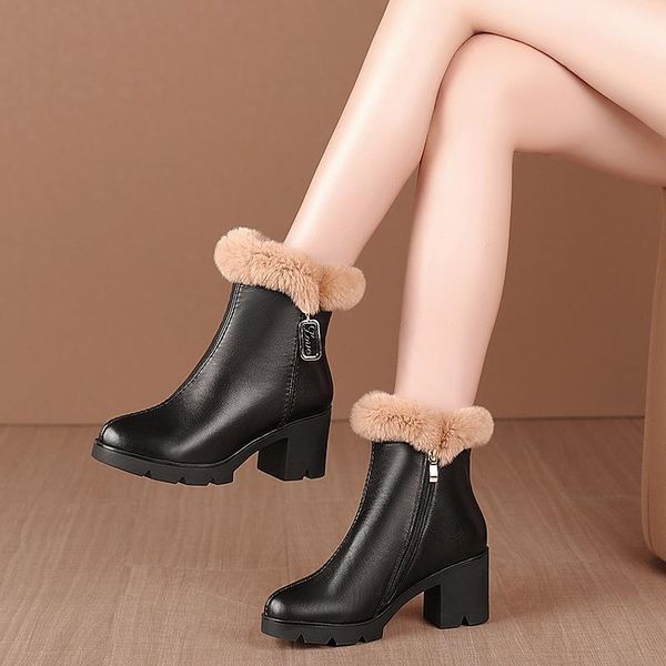 

women ankle boot warm plush winter shoes for woman high heels ladies natural leather snow boots winter shoes booties woman botas1, Black