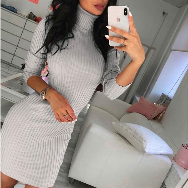 

high collar bodycon winter dress women long sleeve slim short mini party dress solid knitted dresses vestidos black, Black;gray