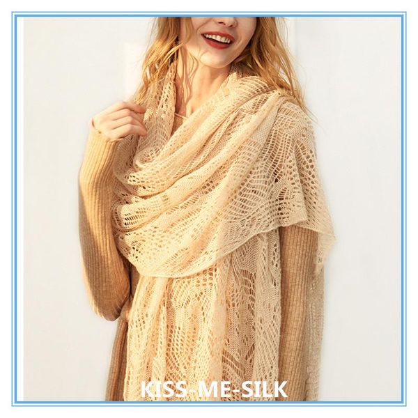 

scarves kms cashmere handmade knitted scarf lace hollow shawl autumn and winter 65*220cm/100g, Blue;gray